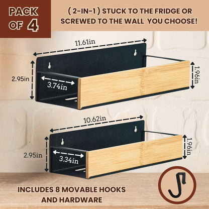 WY Family (4 Pack) Magnetic Spice Storage Rack Organizer for Refrigerator and Oven, 4 Strong Magnetic Shelf, Black Fridge Storage, Spice Rack Organizer, Metal-Bamboo