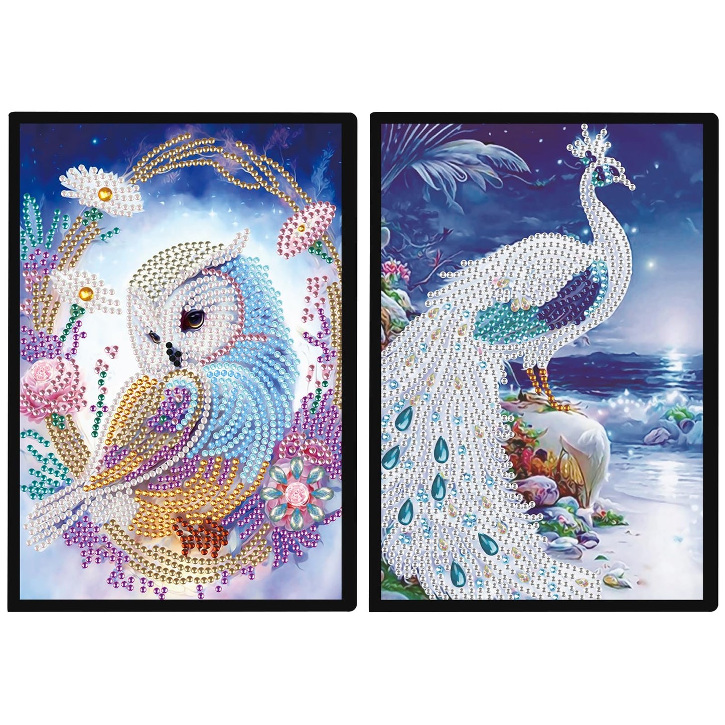 DCIDBEI 2 Pack 5D Diamond Painting Notebooks A5 Blank Owl Peacock Diamond Art Painting Crystal Cross Stitch Special Shaped Arts and Crafts Journal Diamond Kits Writing Sketchbook Journal Diary Books