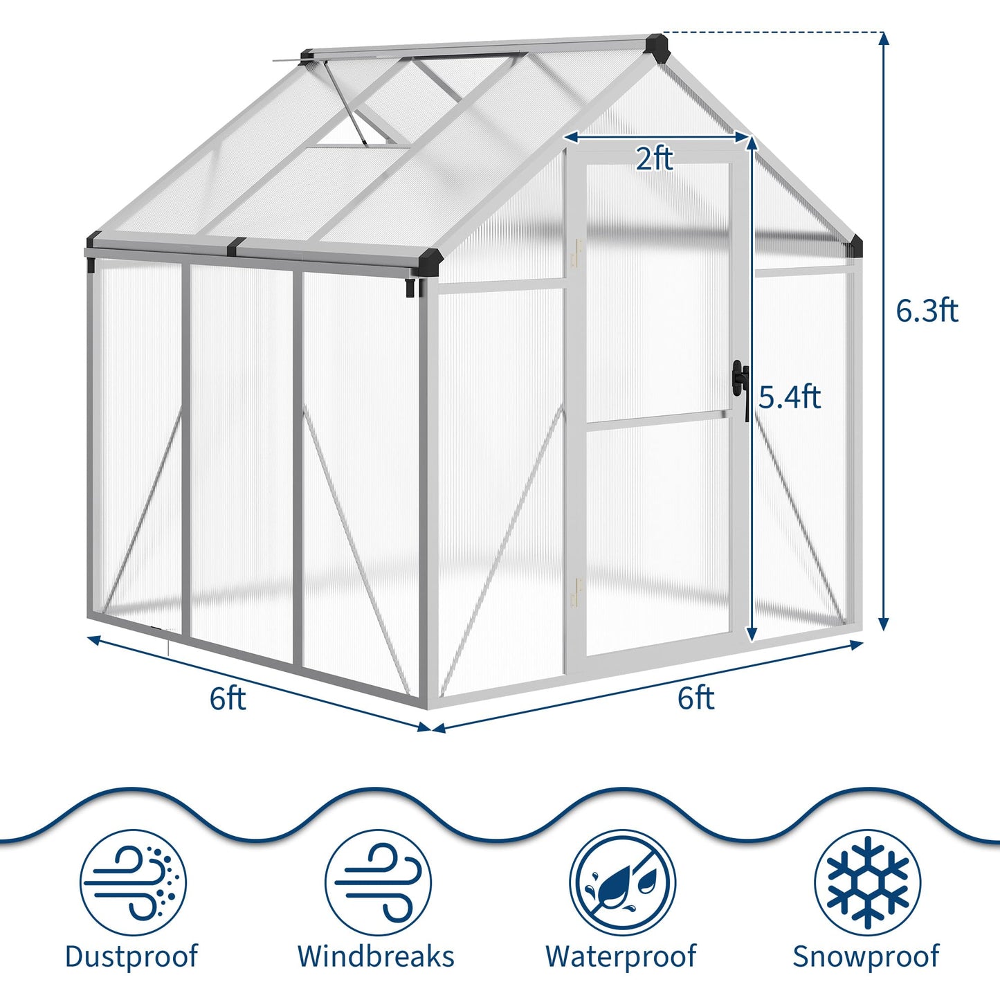 6×6 FT Greenhouse, Large Walk in Greenhouses for Outdoors and Garden Planting, Polycarbonate Greenhouse with Enhanced Aluminum Frame, Green Houses with Quick Setup Structure and Roof Vent, Silver