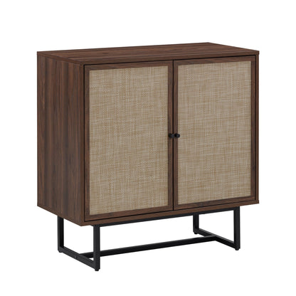 Nathan James Kova Bohemian Rattan Accent Sideboard Storage Cabinet, with Doors and Matte Black Legs, Dark Brown/Black