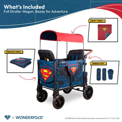 WONDERFOLD W2 Luxe Pro Special Edition Superman Stroller Wagon (2 Seater) - Collapsible Wagon Stroller with Seats with 5-Point Harnesses, Easy Access Zipper Door, and Removable Sun Canopy