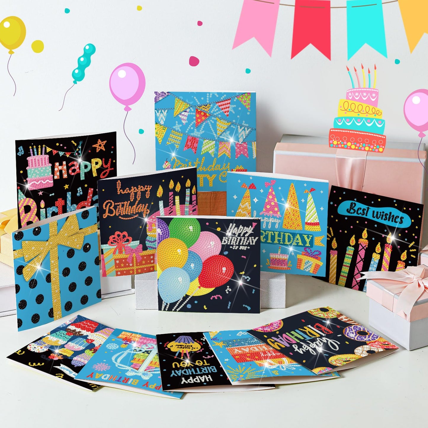 Saillong 12 Pack Happy Birthday Diamond Painting Greeting Card Kits DIY Diamond Art Cards with Envelopes Birthday Cake 5d Rhinestones Painting Kits for Adults DIY Crafts Family Friend Birthday Gifts