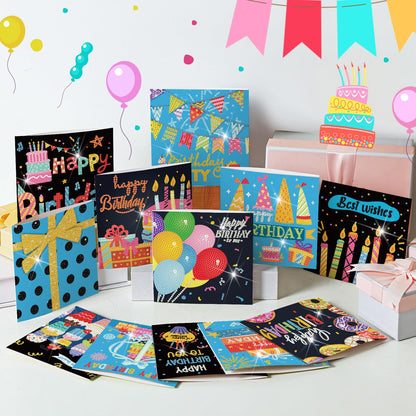Saillong 12 Pack Happy Birthday Diamond Painting Greeting Card Kits DIY Diamond Art Cards with Envelopes Birthday Cake 5d Rhinestones Painting Kits for Adults DIY Crafts Family Friend Birthday Gifts
