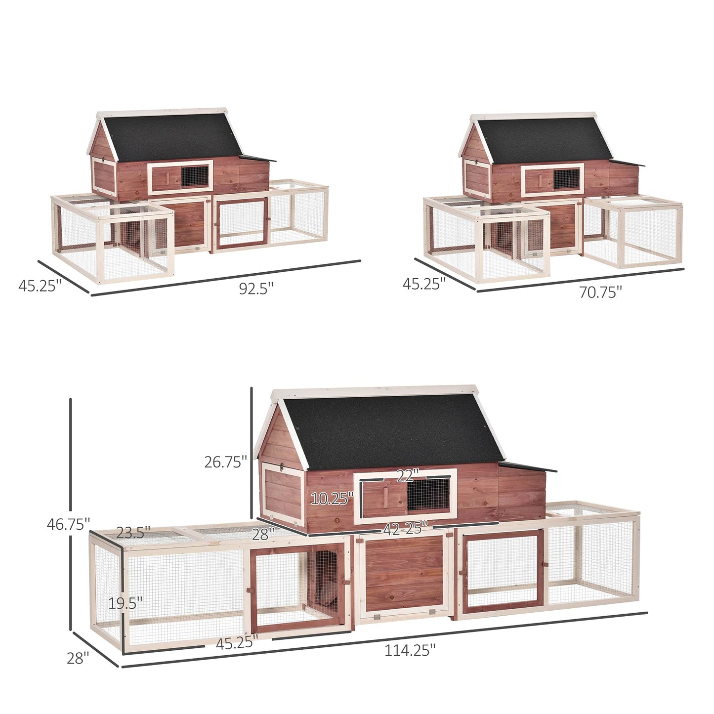 PawHut 114" Chicken Coop Wooden, Customizable Outdoor Chicken Cage Poultry Hen House with Nesting Box, Double Runs, Asphalt Roof, Ramp, for Garden Backyard