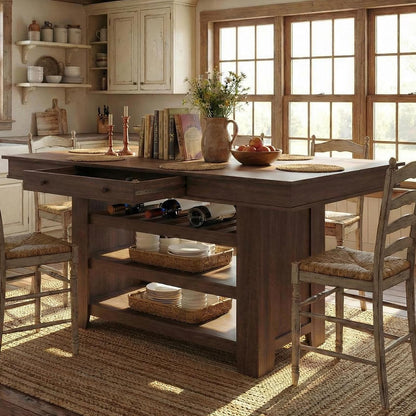 Garvee Counter Height Dining Table with 2 Drawers, 36" Farmhouse Wooden Large Bar Kitchen Table with Wine Rack & 3 Shelves, Rectangular, Thick Frame for Kitchen, Bar & Entertaining, Retro Brown