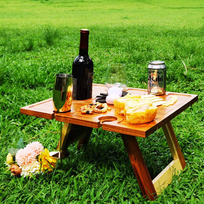 SASIDO Portable Wine Picnic Table, Acacia Wood, Larger Tray Foldable, Charcuterie Board, Wine Gift, Decor for Romantic Camping, Engagement Party, Concerts, Glamping, Winter Adventure