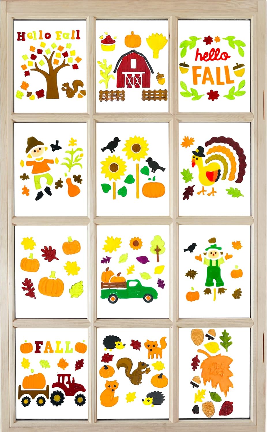 Fall Gel Cling Stickers for Windows and Mirrors, 6 Sheets of Reusable Seasonal Designs