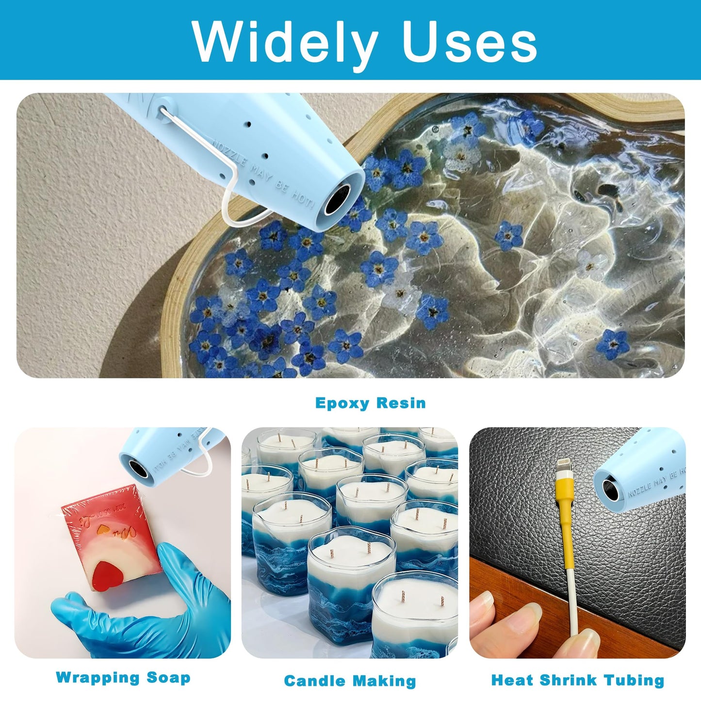 Heat Gun for Crafting, Mini Hot Air Gun Tool for Epoxy Resin, Shrunk Wrapping, Embossing, Electronics, Vinyl Wrap, Candle Making, Phone Repair & DIY - Blue