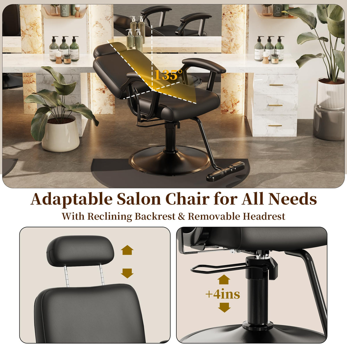 Baasha Premium Black Reclining Salon Chair with Removable Headrest, All-Purpose Hydraulic Barber Chair, Soft PU Leather, 360° Swivel, 135° Recline, Heavy-Duty Steel Frame, 330 lbs Capacity