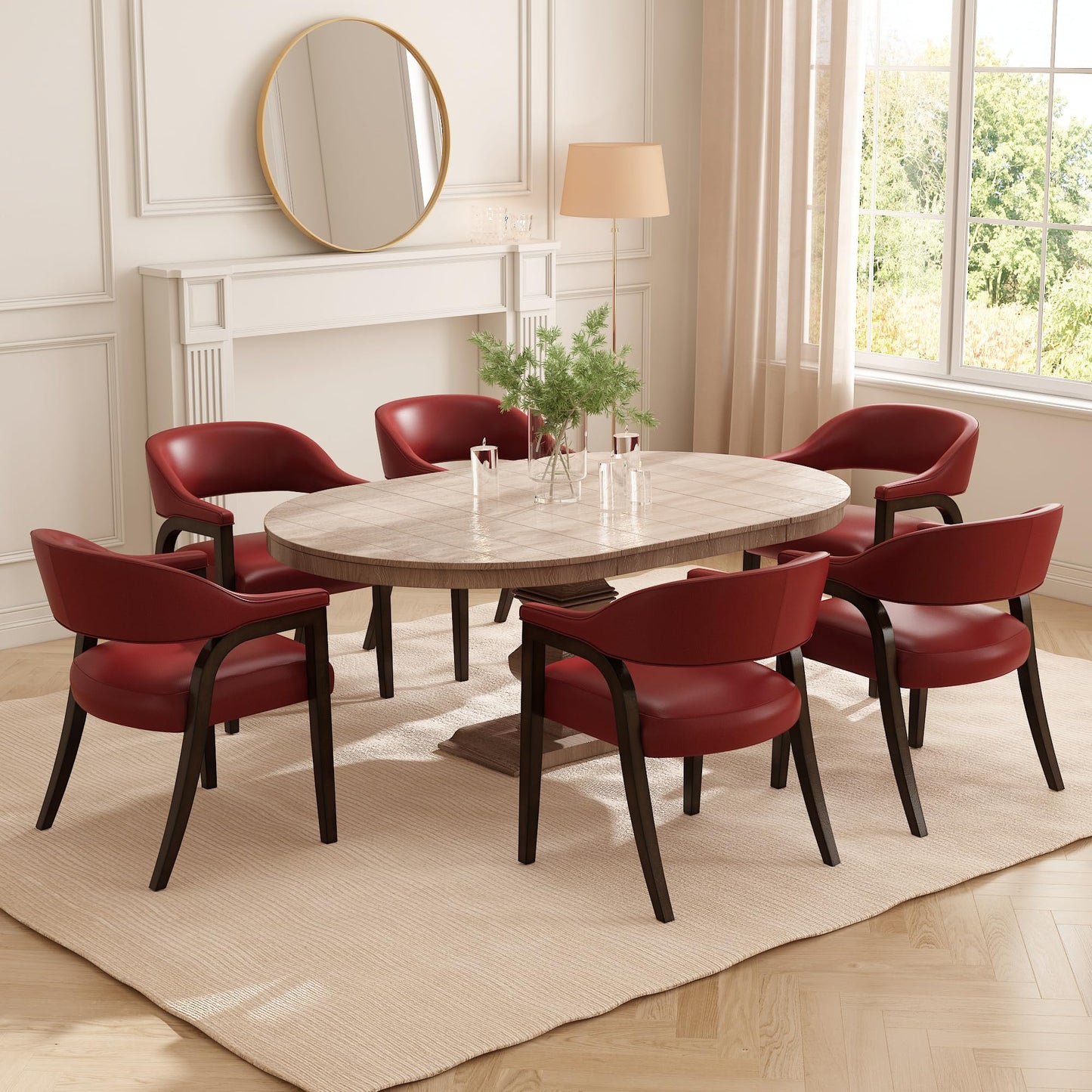 Upholstered Barrel Dining Chair Set of 4, 17.72"H Faux Leather Dining Room Chair with Arms Open-Back Dining Chairs w/ Wood "R" Legs Comfy Accent Side Chairs for Home Kitchen, Wine Red(NO TABLE!)