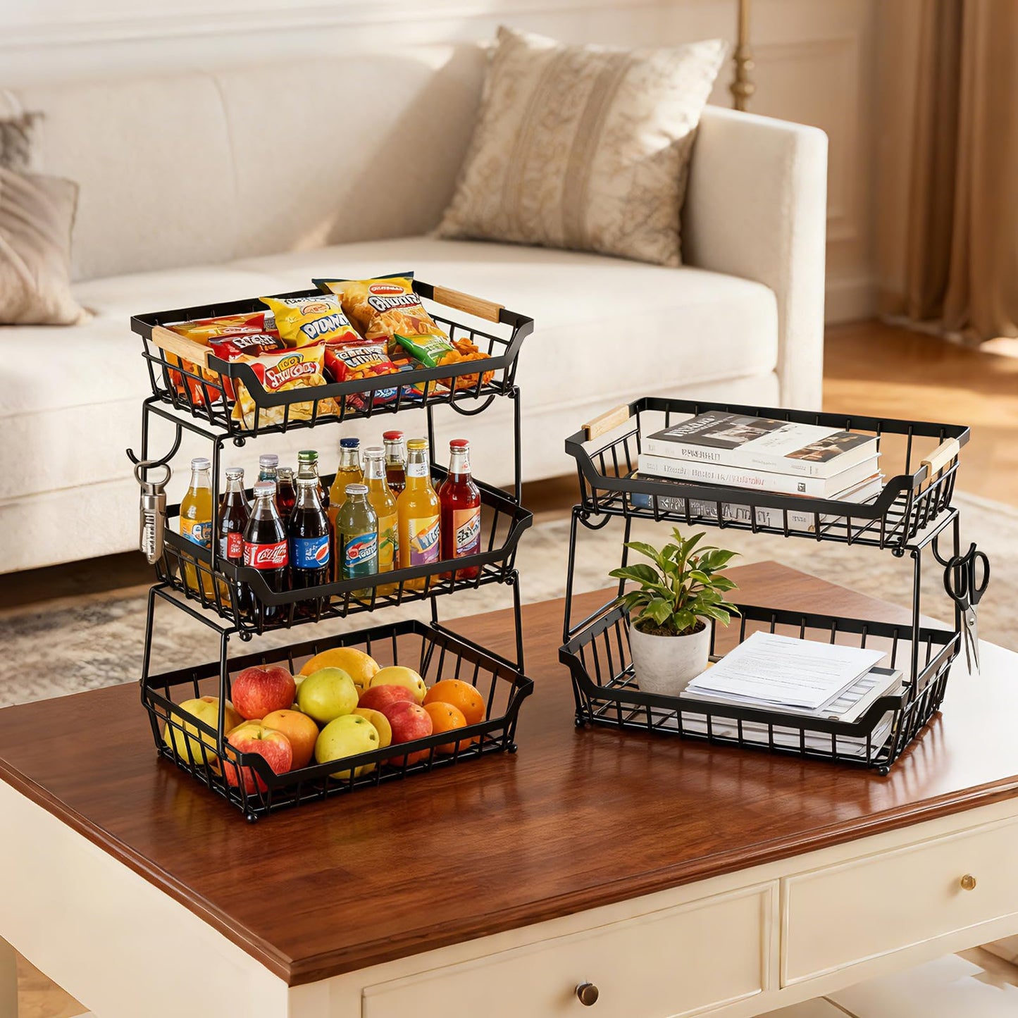 3 Tier Fruit Basket for Kitchen Counter with 2 Banana Hangers, Countertop Metal Fruit Bowl with Wooden Handle, Large Capacity Metal Wire Fruits Stand Organizer for Fruits Vegetables Breads Coffee Can
