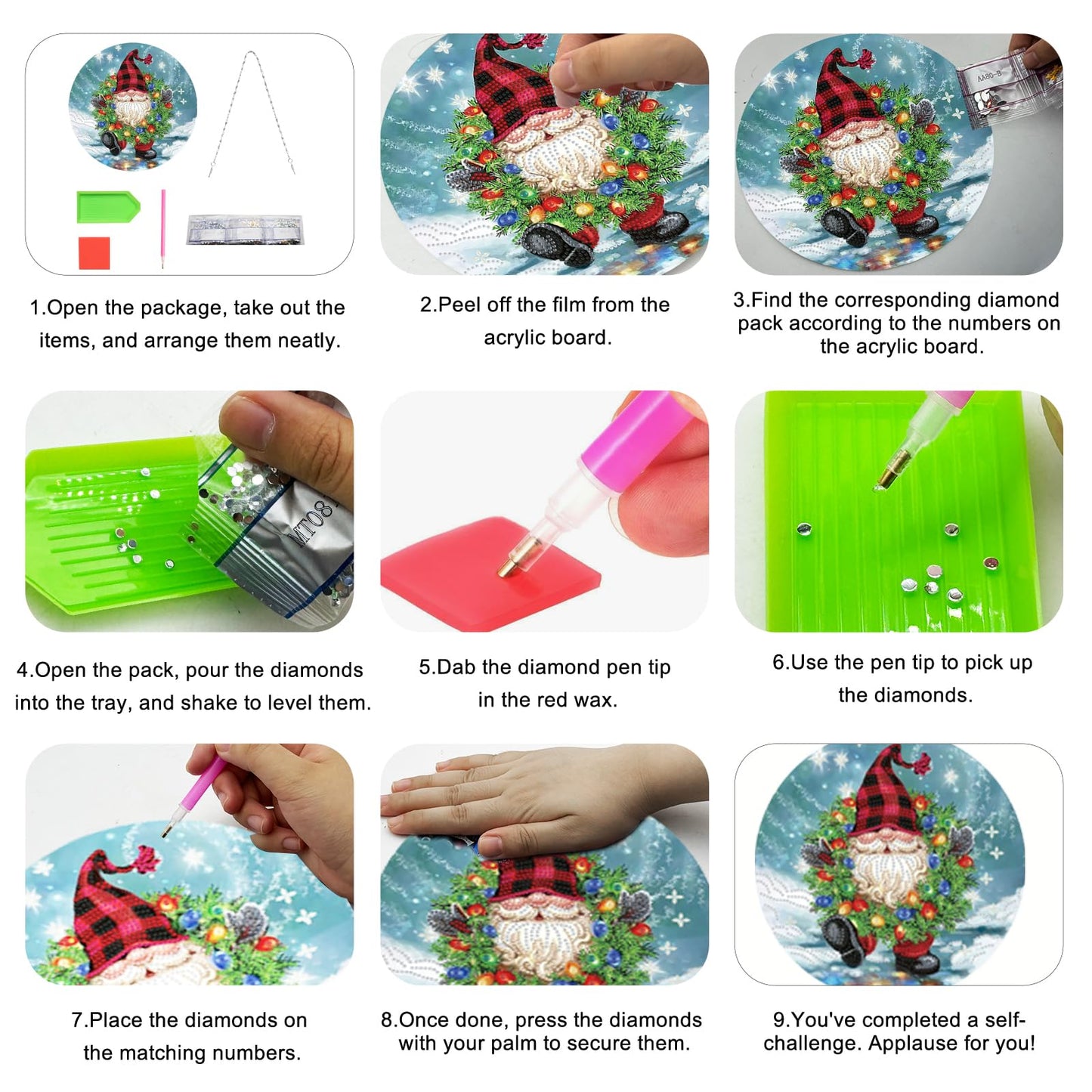 Christmas DIY Acrylic Double Sided Diamond Art Suncatchers Wall Sign Window Gnome Wreath Pendant Ornaments Decorations for Adults