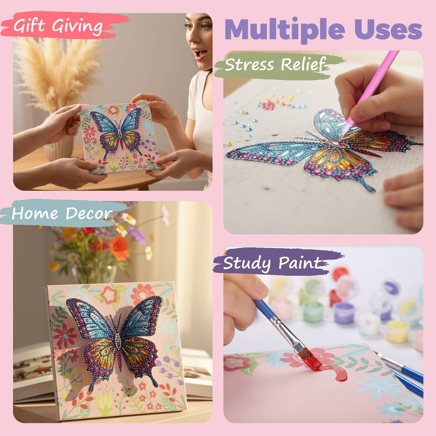 SOLDAY 2-in-1 Butterfly Diamond Painting & Paint by Number Kit for Kids and Beginners, Birthday Gifts for Age 6 7 8 9 10 Girls, DIY Gem Crafts Butterfly Kit with Plastic Easels for Home Decor