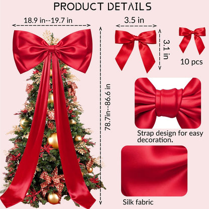 Christmas Decorations - 6.5 Ft Giant Christmas Bows for Tree Decor, Large Satin Coquette Decorative Bows for Tree Topper Wall Wedding Birthday Home Room Party Valentines (red)