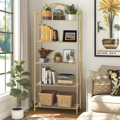 GIFTTROVE 5 Tier Bookshelf, Gold Book Shelf for Storage, Metal Tall Storage Display Bookcase, Modern Open Arched Book Case for Bedroom, Living Room, Glass Office Organization Shelf, 66.3" X 26" X 13"
