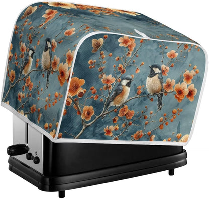 Blue Small Bird & Orange Red Flowers Toaster Cover - 4 Slice, Universal Size Dustproof Covers with Handle for Microwave