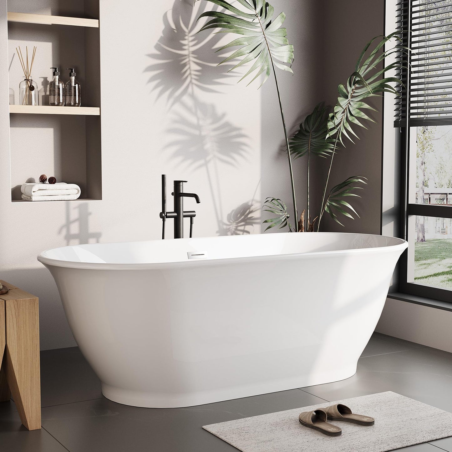 GarveeLife 59 Inch Freestanding Bath Tub Acrylic Oval Soaking Tub – Extra Large Freestanding Bathtub for Modern Bathroom Remodel, Integrated Overflow, Glossy White Finish