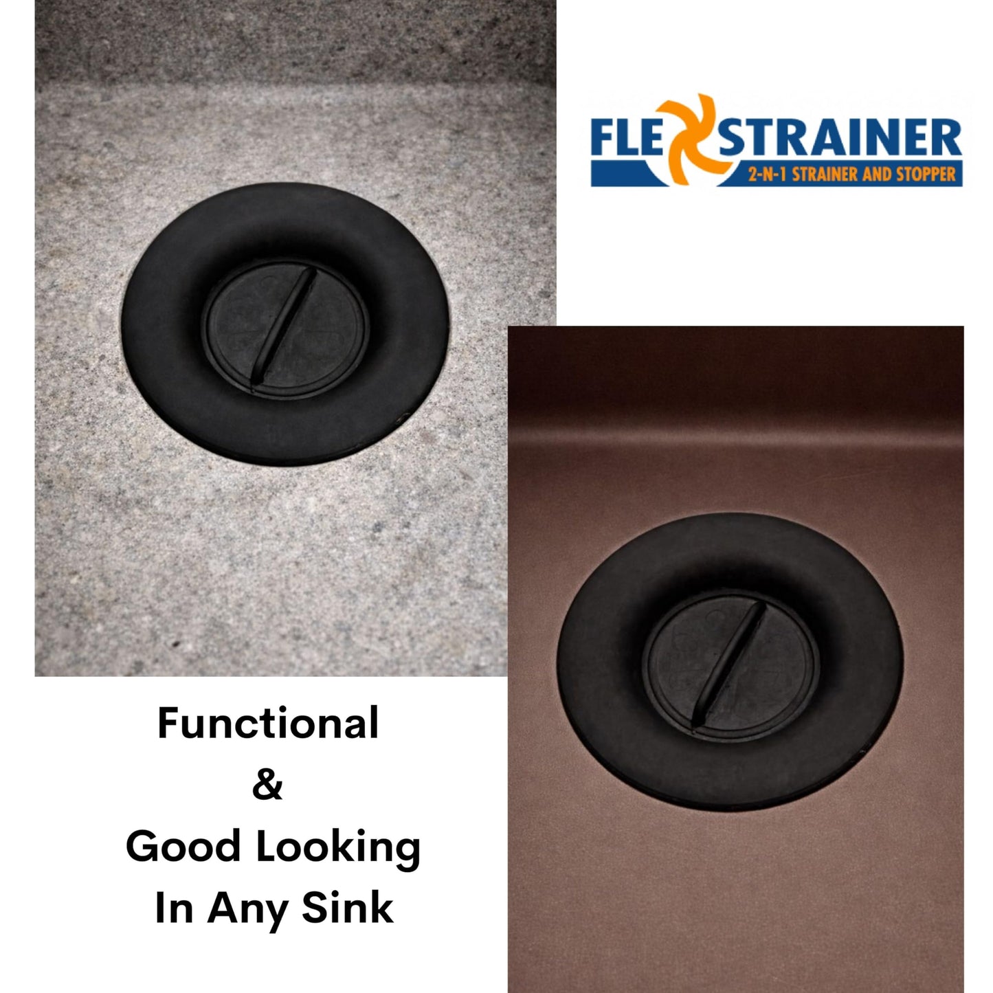 Flex Strainer® Sink Drain Strainer with Optional Stopper – No Center Stem, Fits Standard 3½” Sink Drains & Disposals – Easy Clean, Dishwasher Safe – Made in USA – Black, 2-Pack