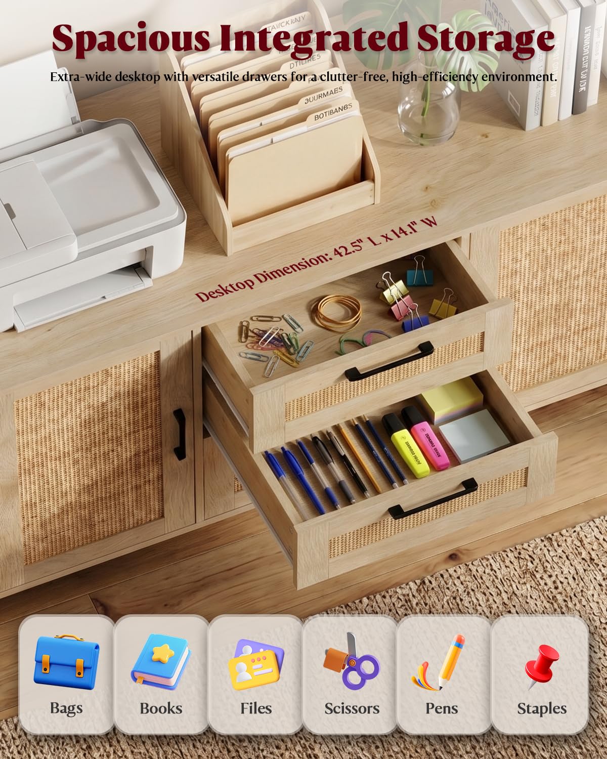 HOPUBUY 3 Drawer and 2 Doors File Cabinet with Lock, Printer Stand Lateral Filing Cabinets for Home Office and School, Wood Rattan File Cabinet for Hanging Files/Letter/Legal/A4/F4 Size, Natural Wood