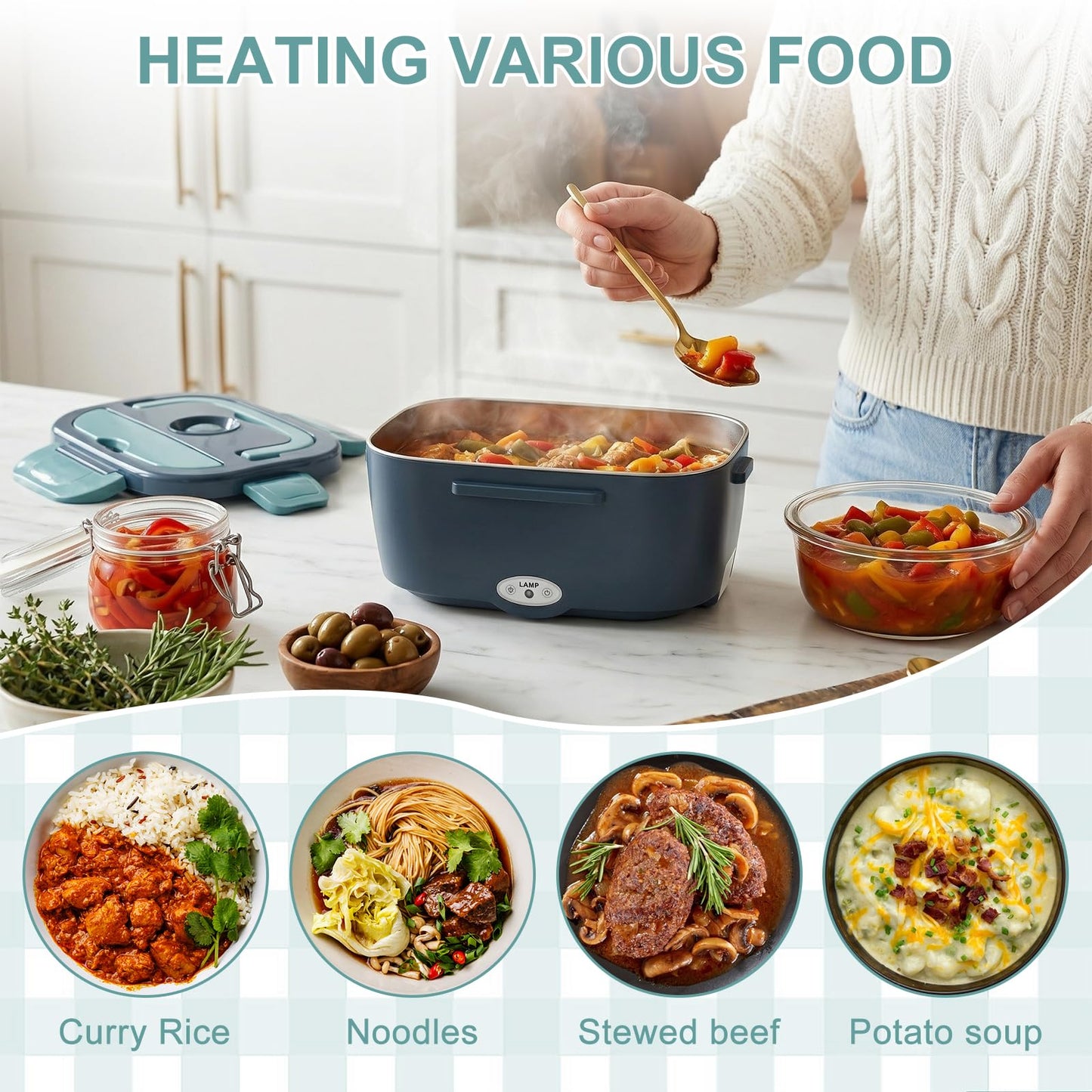 Herrfilk Electric Lunch Box Food Heater, 3 in 1 Ultra Quick Heated Lunch Boxes for Adults, 12V/24V/110V Portable Food Warmer for Car/Truck/Office With Fork Spoon and Insulated Carry Bag