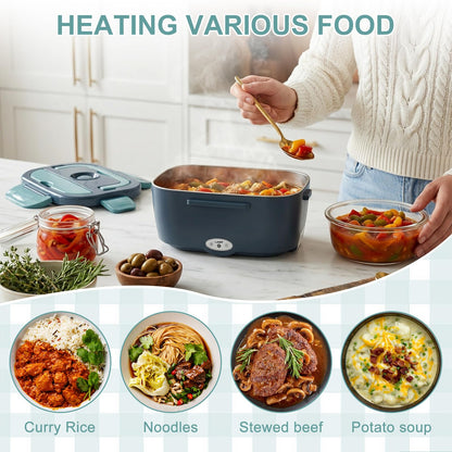 Herrfilk Electric Lunch Box Food Heater, 3 in 1 Ultra Quick Heated Lunch Boxes for Adults, 12V/24V/110V Portable Food Warmer for Car/Truck/Office With Fork Spoon and Insulated Carry Bag