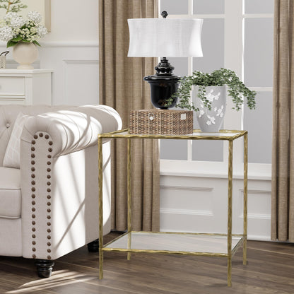 BEGINS Hand Forged Side Table 2 Tier, Vintage End Table Glass Top Coffee Table, Accent Table with Solid Hammered Frame, Suitable for Living Room, Bedroom, Study Room, Entryway (Gold, Rectangle)