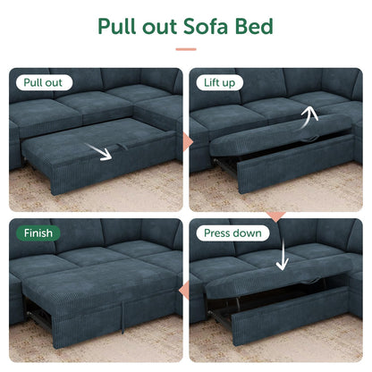 HONBAY Modular Sectional Sleeper Sofa with Pull Out Bed, Corduroy Couch with Storage, U Shaped Sectional Couches for Living Room, Blue