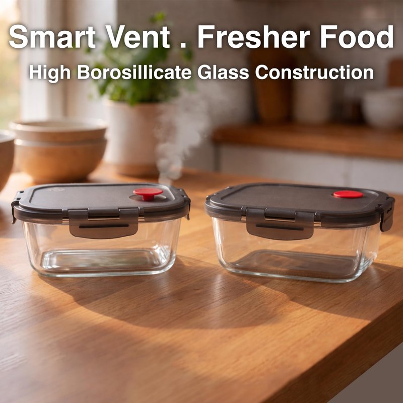 Clutterix Borosilicate Glass Airtight Food Storage Containers with Vented Lids, Assorted Set of 6 (3 Rectangular & 3 Square)