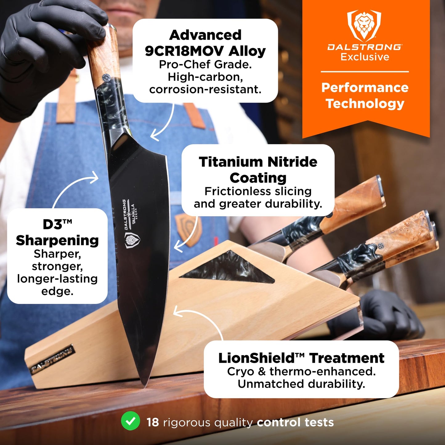 DALSTRONG Knife Block Set - 5 Piece - Valhalla Series - Ravenstone Black Blade Titanium Coated - Premium 9CR18MOV HC Steel - Resin & Wood Handle - Razor Sharp - Kitchen Cooking Chef's Knife