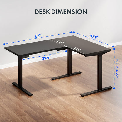 FLEXISPOT L Shaped Standing Desk, 63 x 47 Inch Electric Height Adjustable Corner Desk, Sit Stand Computer Workstation, Preset Controller, Home Office, Black Frame with Black Top