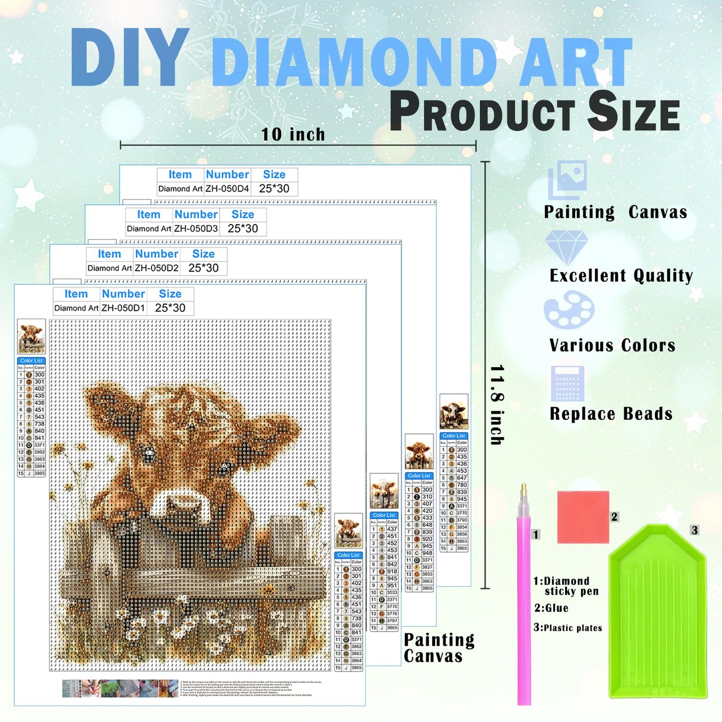 XUNLURY Rustic Highland Cow Diamond Art Kits 4 Pcs, Farmhouse Baby Highland Cow Diamond Painting Kits for Kids Adults Beginners, Full Drill Diamonds Dots for Home Decor, 9.8x11.8 Inch