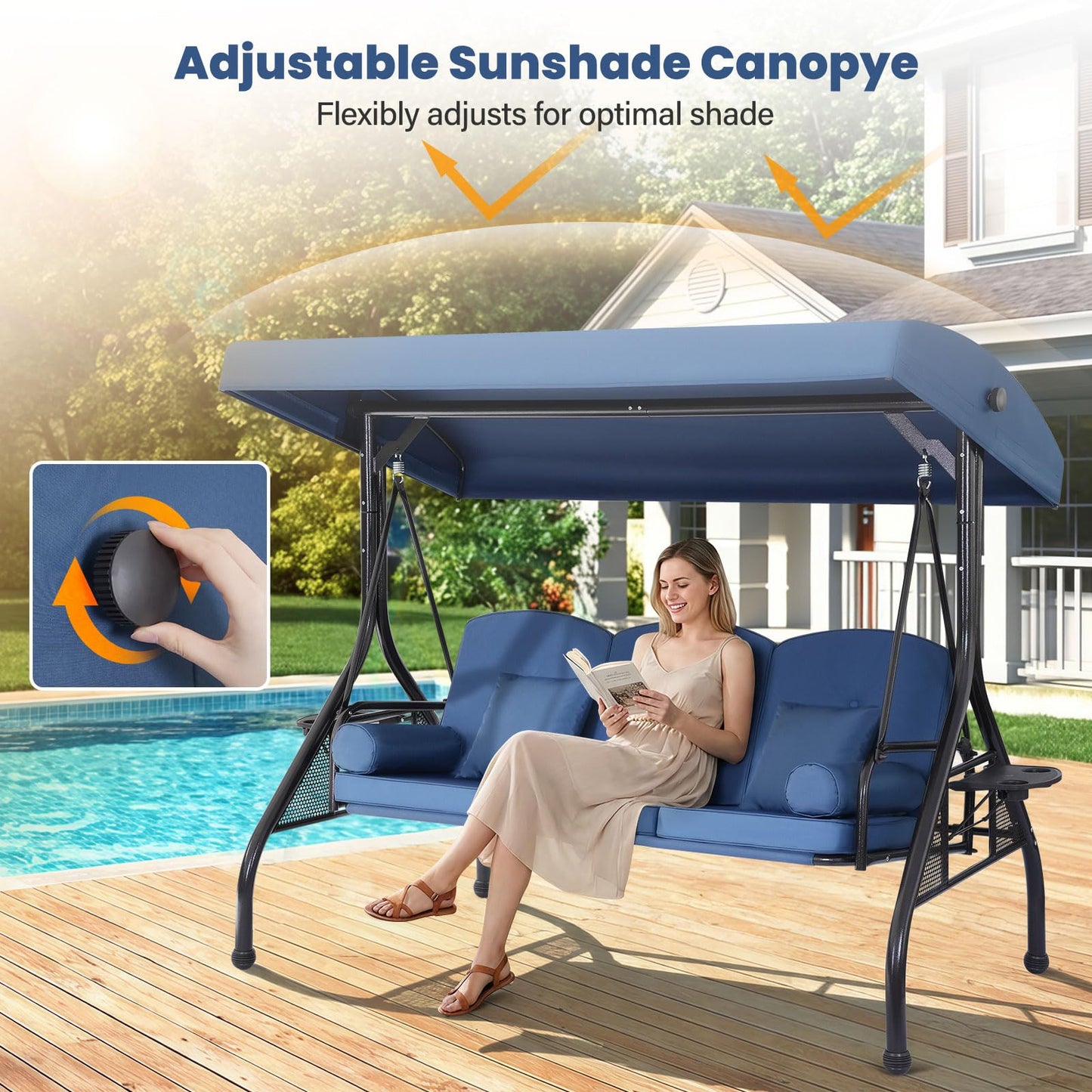 3 Seat Outdoor Porch Swing with Adjustable Canopy,2 in 1 Patio Swing Bed with Stand 800lbs for Adults,Outdoor Swing with Removable Cushion, Cup Holder ＆ Pillow for Backyard, Porch, Garden