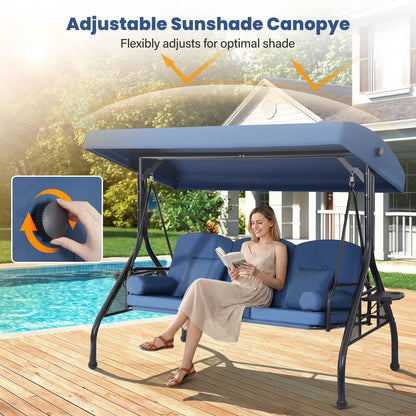 3 Seat Outdoor Porch Swing with Adjustable Canopy,2 in 1 Patio Swing Bed with Stand 800lbs for Adults,Outdoor Swing with Removable Cushion, Cup Holder ＆ Pillow for Backyard, Porch, Garden