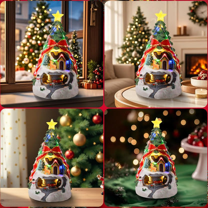 Musical Christmas Village with Spinning Train & Deer | Pre-Lit Artificial Tree - Battery & USB Operated - Festive Tabletop Decor
