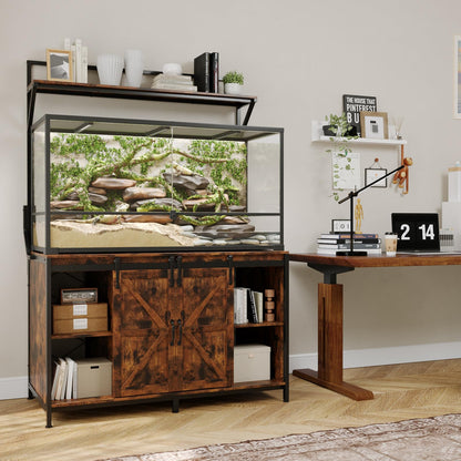 VOWNER Farmhouse Reptile Tank Stand with Power Outlet, 48" X 24" Tabletop Fits up 120 Gallon Bearded Dragon Tank, Heavy Duty Aquarium Stand with Storage Cabinet, Reptile Turtle Terrarium Stand Brown