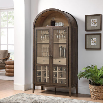 Modway Nolan Modern Farmhouse Arched Bar Cabinet in Dark Walnut Wood Grain - 72 Inch Tall Wine Storage Cabinet with Glass Doors and Wine Rack - Large Liquor Cabinet for Dining or Living Room