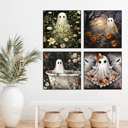 4 Pack Halloween Diamond Art Kits for Adults Beginner, Ghost DIY Modern Diamond Painting Kits 5D Diamond Dots Gem Art Crafts with Tools,Round Full Drill Funny Crafts for Women's hobbies-12x16inch