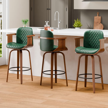 OUTGUAVA Swivel Bar Stools Set of 2, 29" Swivel Counter Height Bar Stools with Arms and High Back, Upholstered Faux Leather Barstools, Modern Bar Chairs for Kitchen Island, Green