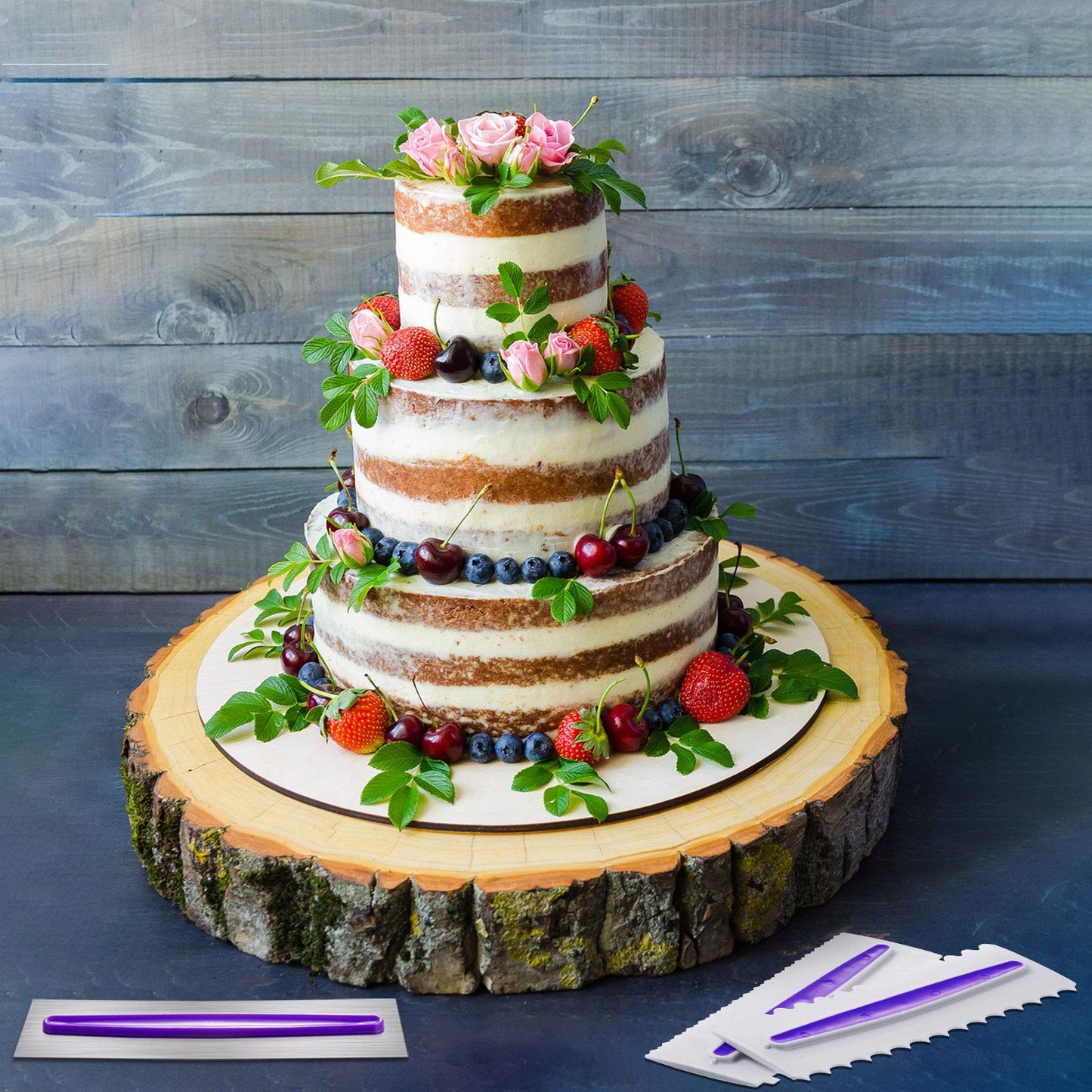 Patelai 3 Pcs Cake Scraper Cake Decorating Comb Set, Stainless Steel Icing Smoother with Plastic Edge, Cream Smoother Decorating Tools for Butter Cream Mousse 9 Inch