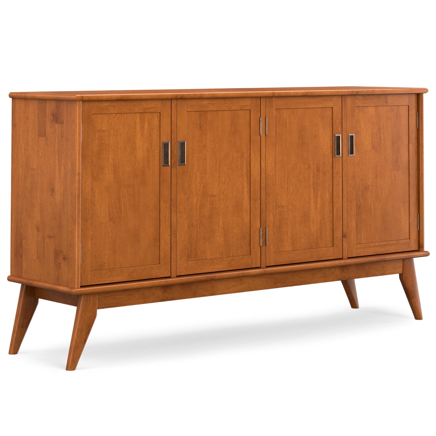 SIMPLIHOME Draper Buffet - 66 inch Wide Solid Hardwood 4-Door Sideboard Buffet in Teak Brown, Mid-Century Modern Cabinet for Dining Room or Kitchen with Adjustable Shelves and Tapered Legs