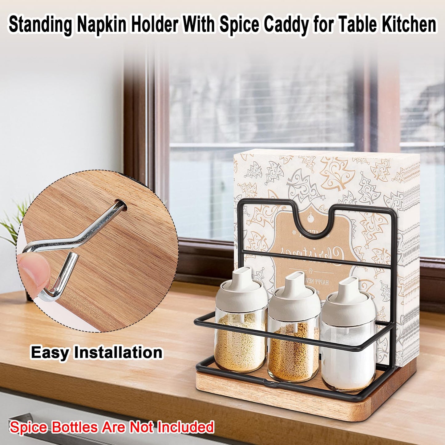 Livabber Napkin Holder, Metal Napkin Storage with Salt and Pepper Shakers Caddy Modern Napkin Dispenser for Table Kitchen Countertop, Not Including Salt and Pepper Shakers (Middle Wooden, Black)
