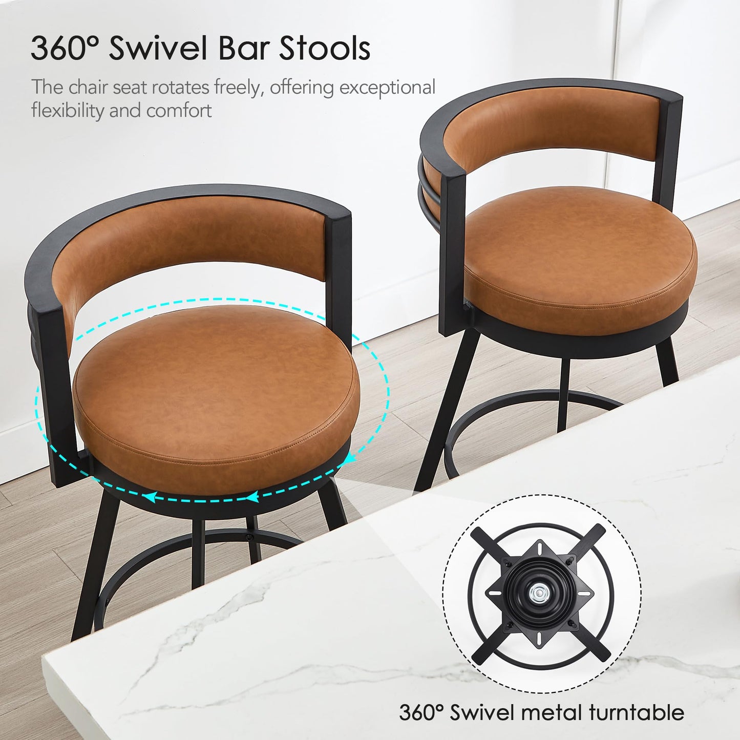 ONEVOG Swivel Counter Bar Stools Set of 2, 26.6 inch Seat Height Modern Barstools with Back and Metal Legs, Upholstered Funky Kitchen Island Chairs for 36"-40" Counters, Faux Leather Padded, Brown