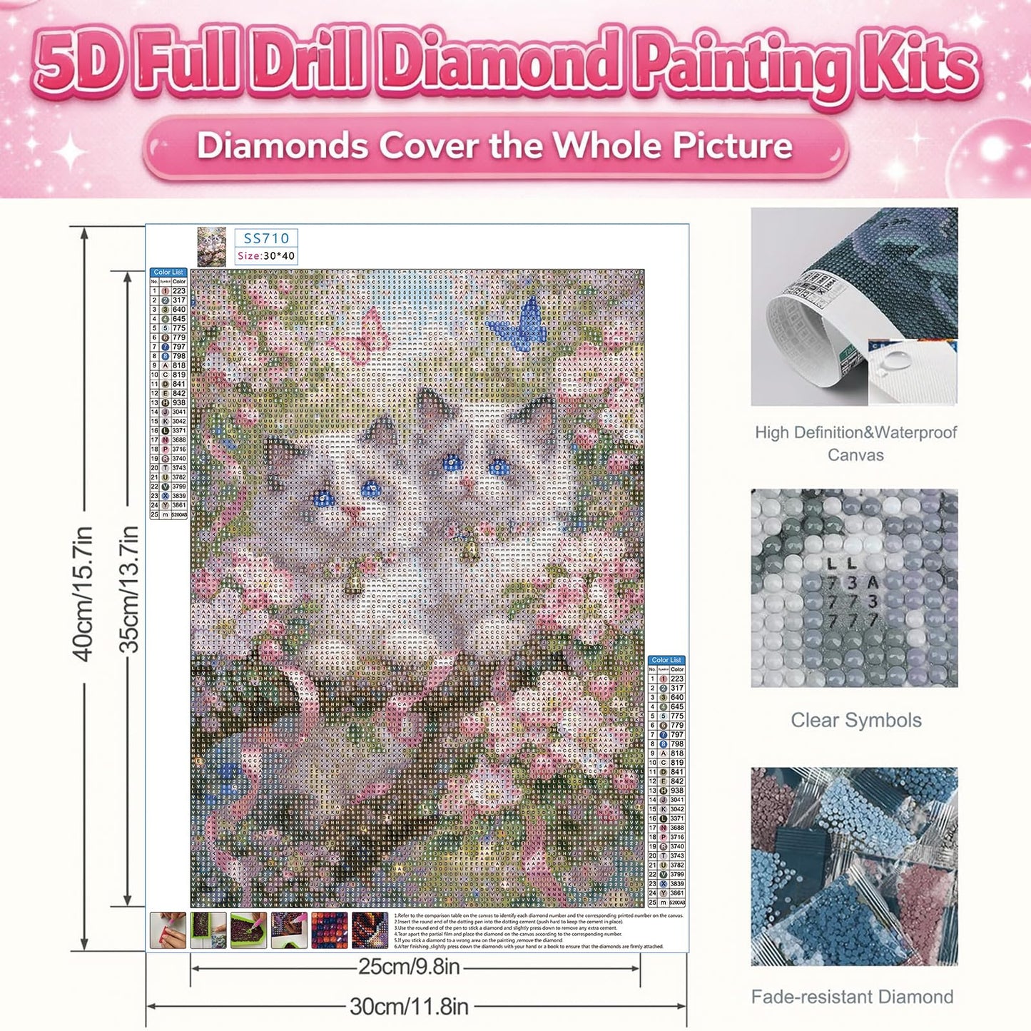 IOHEFY Cute Twin Kittens Diamond Painting 12 x 16 Inch Full Drill Acrylic Diamond Art DIY Crystal Rhinestone Cat Floral Butterfly Artwork Nano Pearlescent Canvas Wall Decor Gift