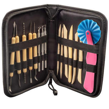 Pottery Tool Starter Kit- 15-Piece 26-Tool Beginner's Clay Ceramics Modeling Carving Sculpting Set- Arts & Crafts School Project, w Carrying Case, Birthday Gift for Kids, Gift Set for Artists