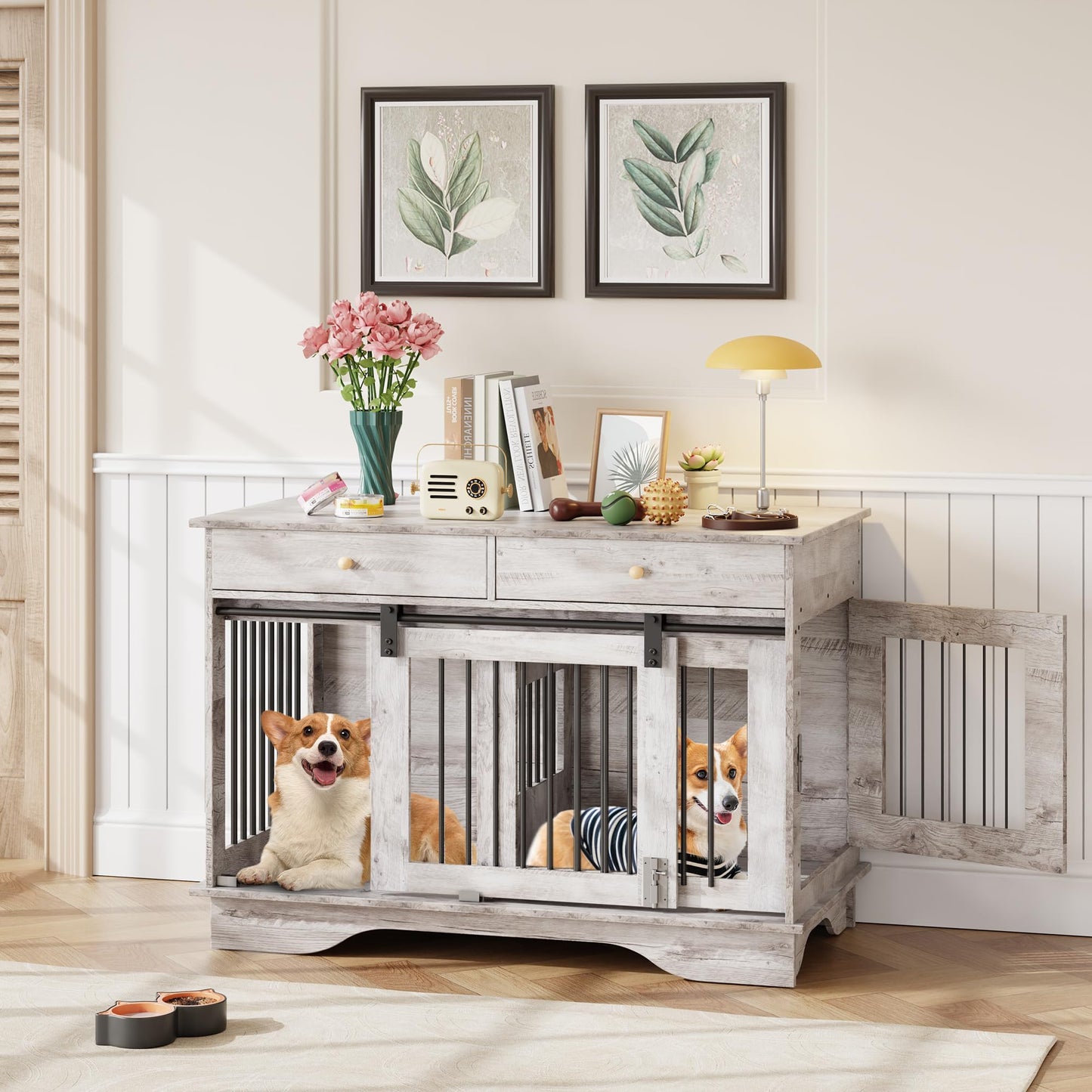 IDEALHOUSE 47'' Dog Crate Furniture,Indoor Wooden Dog Kennel with 2 Storage Drawers,4 Doors and Large Tabletop,Decorative Pet House for Large, Medium, and Small Dogs(Grey)