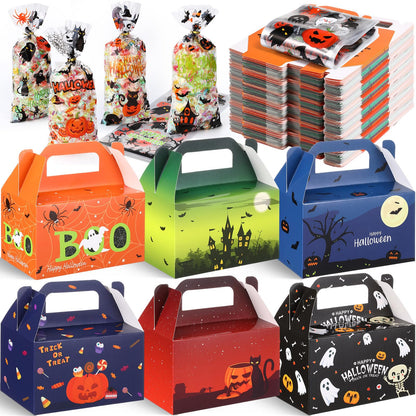 ReliThick 80 Pack Halloween Treat Box with Cellophane Bags Trick or Treat Goodie Cookie Candy Boxes for Treats Ghost Halloween Bag for Party