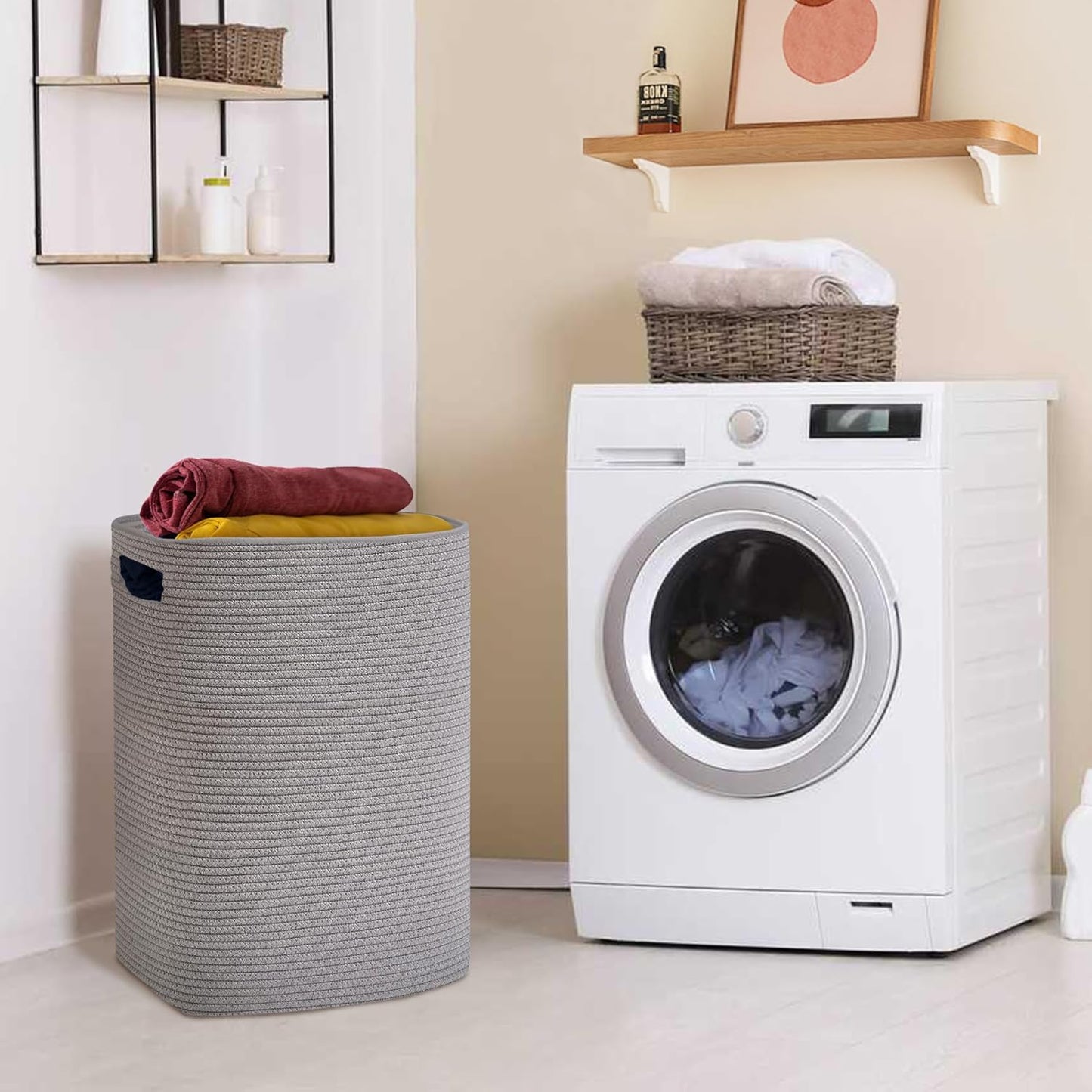 Large Gray Laundry Hamper, 16"x13"x22", Tall Woven Cotton Rope Basket for Dirty Clothes, Soft Laundry Bin, 75L