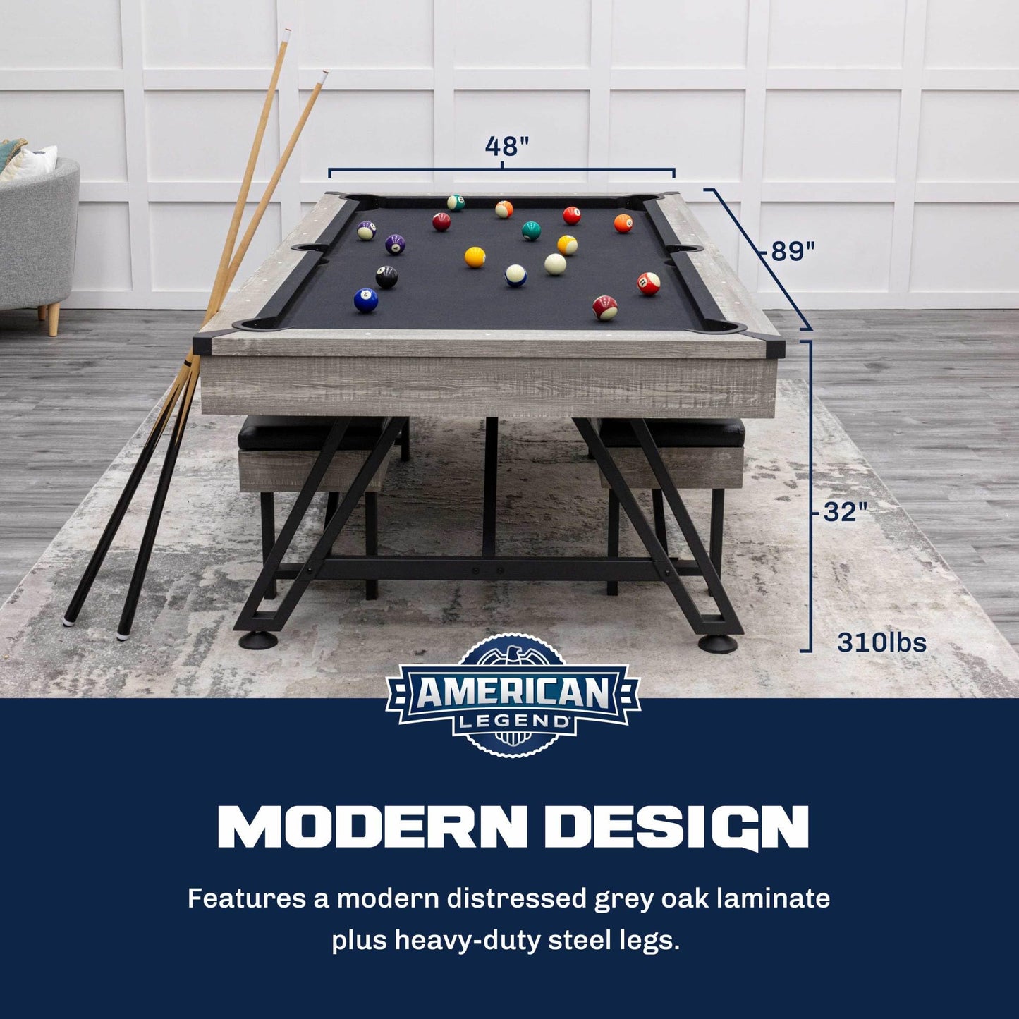 American Legend 3-in-1 Pool + Poker Dining Table - Instant Transformation - Premium Black Felt - XL Flip Top Bench Storage - Modern Design