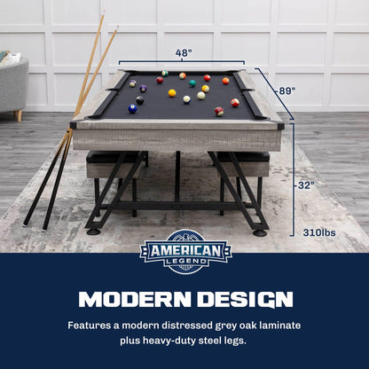 American Legend 3-in-1 Pool + Poker Dining Table - Instant Transformation - Premium Black Felt - XL Flip Top Bench Storage - Modern Design