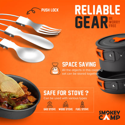 18 Pcs Smokey Camp Backpacking Cooking Set with Stove & Adapter - Pot, Pan, Kettle, Stove, Cutlery, Compact Camping Cookware Mess Kit, All in One Non-Stick Camping Cooking Set, Hiking, Picnic